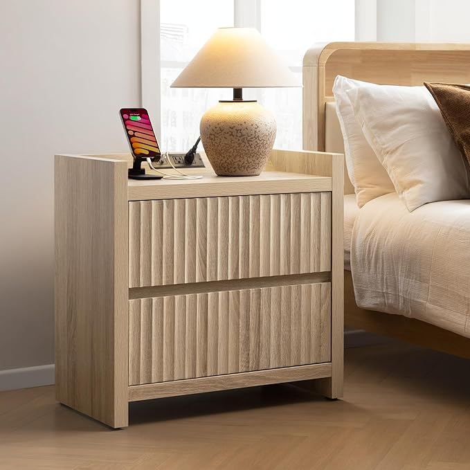 SICOTAS Night Stand Fluted Nightstands with Charging Station- Modern 2 Drawers Nightstand 25" Tall Bedside Table End Table, Large Night Stands for Bedroom, Sofa Side (Light Oak, 1 Piece)