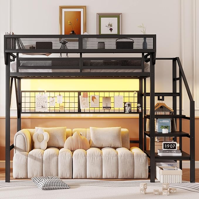 KEIKI Full Size Metal Loft Bed Frame with Grid & Staircase & Built-in Storage Shelves & Wardrobe, Modern Loft Bed with Solid Slat & Guardrail, No Box Spring Required, Easy Assembly, for Bedroom, Black