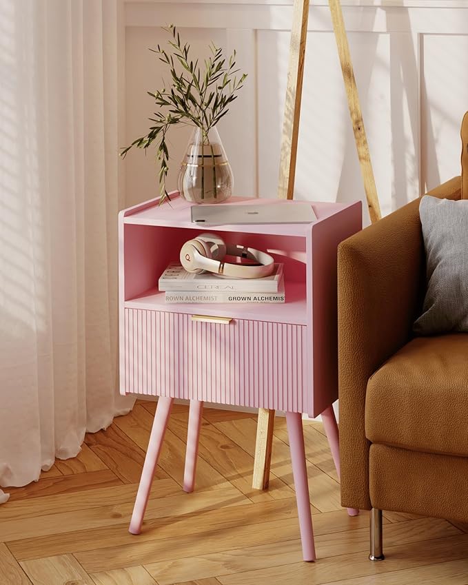 JOONEE Nightstand,Modern Bedside Table with Storage Drawer and Open Wood Shelf, for Living Room, Bedroom and Small Spaces, Accent Night Stand with Solid Wood Legs, Easy Assembly,Classic Pink