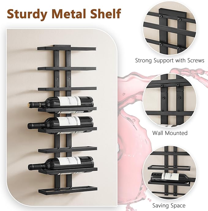 Hoctieon 8 Tier Wall Mount Wine Rack, Wall Racks for Wine Bottles Display and Storage, Hanging Bottle Organizer for Living Room, Dining Room, Wine Cellar, Bar, Black
