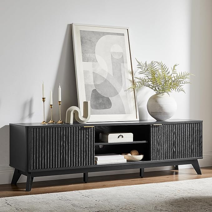 OKD 70" Mid Century Modern Fluted TV Stand, Entertainment Center, Sideboard, Media Console for Living Room with 2 Soft Close Door/Adjustable Shelves (Black Oak)