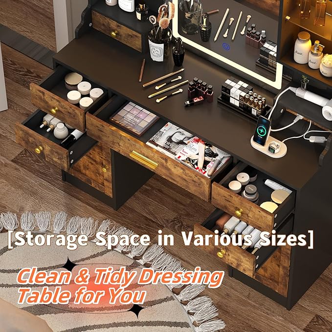 Vanity Desk with Mirror and Power Outlet, 41.3'' Large Make up Vanity Table with 6 Storage Drawers & RGB Cabinets, Dressing Table with 3 LED Lighting Modes Adjustable, for Girls, Women, Rustic Brown
