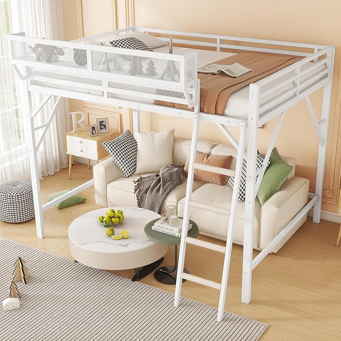KEIKI Full Size Metal Loft Bed Frame with Ladder and Built-in Storage Shelves, for Teens, Modern Style Loft Bed with Solid Slats, Guardrail, No Box Spring Required, Easy Assembly, for Bedroom, White