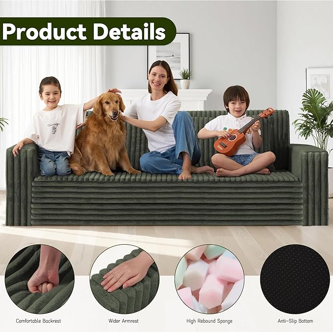 HABUTWAY 78" Loveseat Boneless Couch, 4-in-1 Convertible Sofa Bed, Plush Fur Folding Futon Sofa Bed Couches with 2 Pillows for Living Room, High-Density Foam Support, No Assembly Required, Green