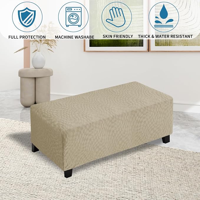ZNSAYOTX 2026 Rectangle Ottoman Cover (L:45"-56") Super Stretch Soft Footrest Slipcover Form Fit, Universal Folding Foot Stool Covers with Non-Slip Elastic Band, Fashion Jacquard Texture, Khaki