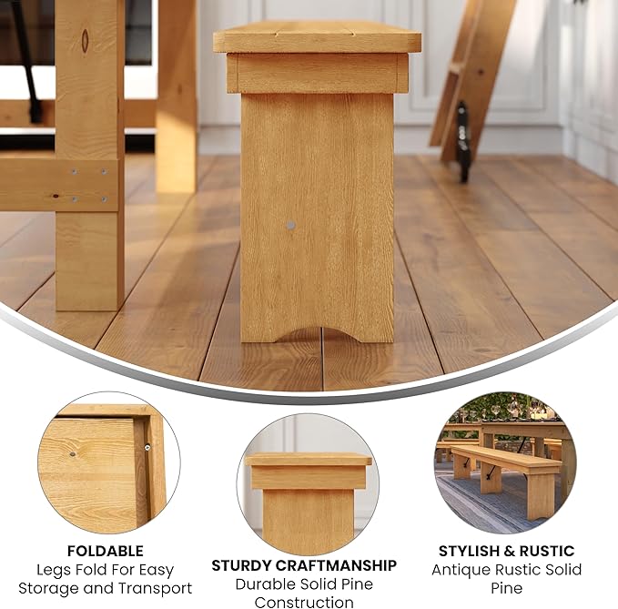Flash Furniture HERCULES 8' x 12" Solid Pine Folding Farm Bench in Antique Rustic Light Natural