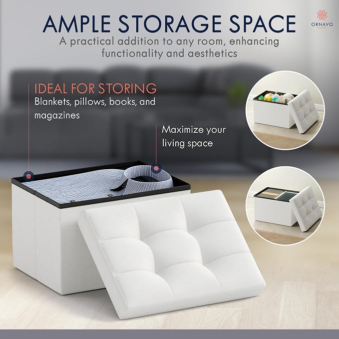 Ornavo Home Small Storage Ottoman, Set of 2, Foldable Collapsible Rectangle Linen Ottoman Foot Rest Stool Seat, for Living Room, Bedroom, Home Office, Dorm - 12 x 16 x 12, White