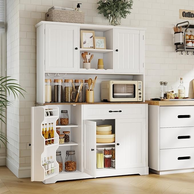 Gizoon Kitchen Pantry Cabinet with Countertop Kitchen Hutch Storage Cabinet 67.7" Tall Pantry Coffee Bar with Storage for Dining Room and Craft Room, White and Rustic