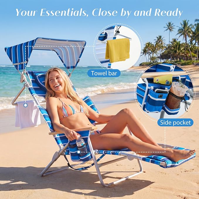 5-Positon Backpack Beach Chair, Portable Folding Tanning Chair, Double Shoulder Straps Beach Lounge Chair with Footrest, Face Hole, Towel Bar (Blue White, 60.6" with Canopy (Set of 2))
