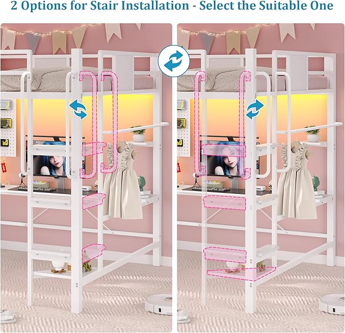 Loft Bed with Desk,Full Size Loft bed with 5 Drawers & 3 Open Shelves and & Clothing Rack,Loft Bed Full Size with Charging Station &LED Light & Thickened Tread Stairs for Adults/Kids/Young Teens,White