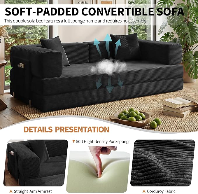 78.8" Convertible Sofa Bed with Armrest Pillow, 4-in-1 Sleeper Couch Bed for Livingroom, Modular Corduroy Boneless couches, No Assembly (Black)