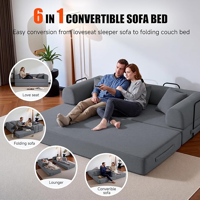 79” Compressed Sofa, 6-in-1 Convertible Sofa Bed, Corduroy Compression Boneless Couch in a Box, Comfy Modular Foldable Floor Sleeper Sofa for Bedroom, Living Room (Dark Gray)