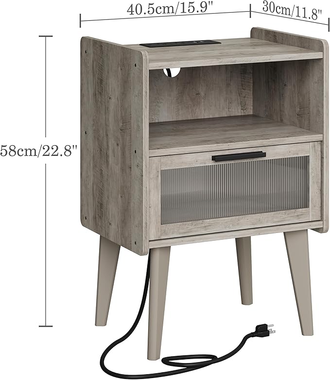 MMEOLUOOK Nightstand with Charging Station, Bedside Tables Oak Grey End Table Side Table with 2 Tiers Storage Space, for Bedroom Living Room MLBZ07GE