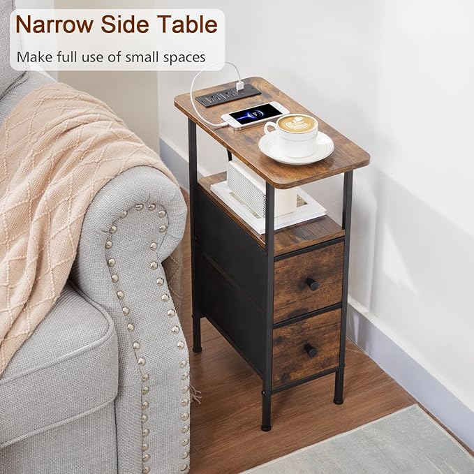 LOAKEKEL Narrow Nightstand with Charging Station, End Tables Living Room Set of 2, Skinny Side Table with Fabric Drawers, Slim Sofa Table for Bedroom, Small Spaces, Couch, Brown, HETNDP02BR