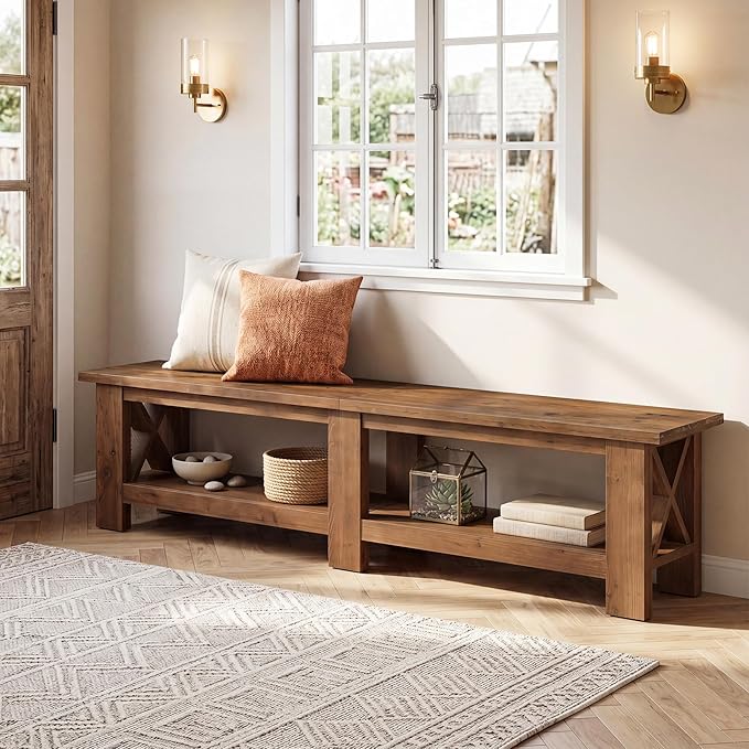 70.87" Solid Wood Entryway Shoe Bench, Extra Long Farmhouse Entryway Bench with Storage for Hallway, End of Bed, Dining Room, Rustic Brown