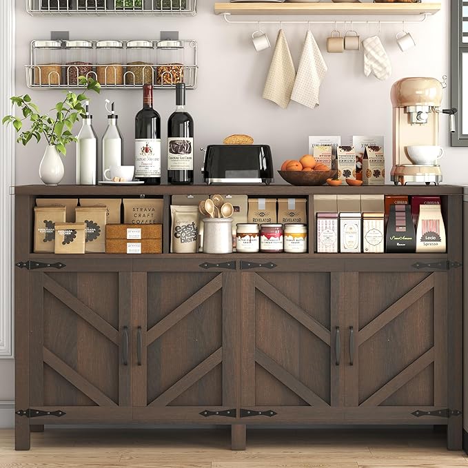 knoworld Buffet Sideboard with Storage Farmhouse with 4 Doors, 55'' Large Kitchen Storage Cabinet Wood Coffee Bar Cabinet Buffet Table with Shelves for Kitchen, Dining Room, Entryway (Brown, 55in)