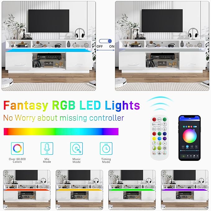 chartustriable LED TV Stand for 80 Inch TV, Modern Tall Entertainment Center with Power Outlets, High Gloss TV Stand, Gaming TV Media Console with Glass Shelf for Living Room, 71 Inch, White