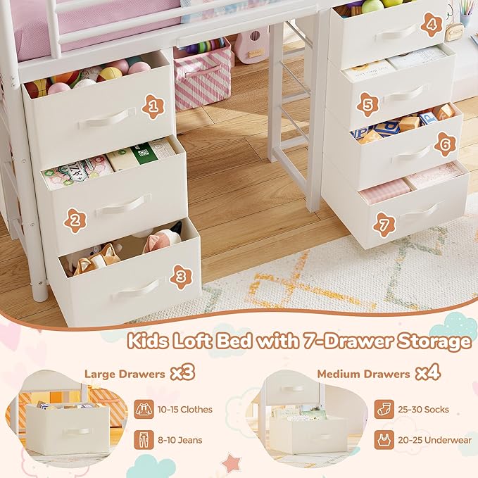 Twin Low Loft Bed with Desk, 7 Storage Drawers & LED Lights, Kids Metal Loft Bed with 12" H Safety Guardrail, Underbed Play Space & Curtain, Anti-Collision Pad (White)