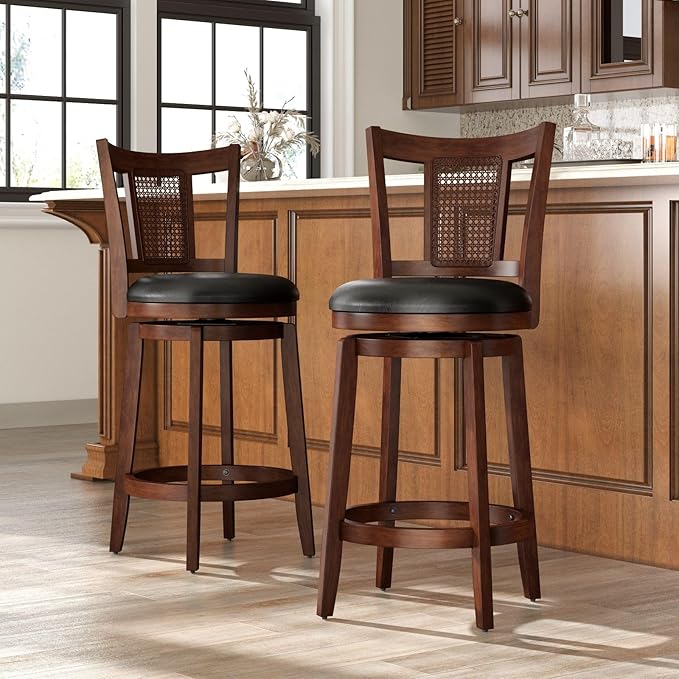Sophia & William Swivel Counter Height Bar Stools Set of 2, 26 Inch Faux Leather Barstools with Backrest & Solid Wood Legs, Brown Kitchen Counter Stools