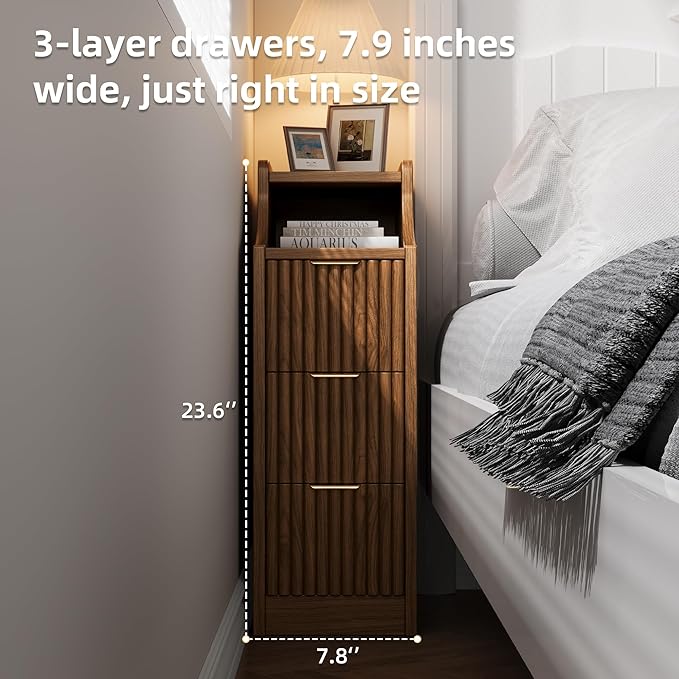 7.9" Narrow Nightstand Set of 2,23.6" Tall Fluted Bedside Table Set of 2, Slim Side End Table with 3 Drawers, Wooden Bedside Table, Mid Century Modern Night Stand for Bedroom Livingroom Sofa Office