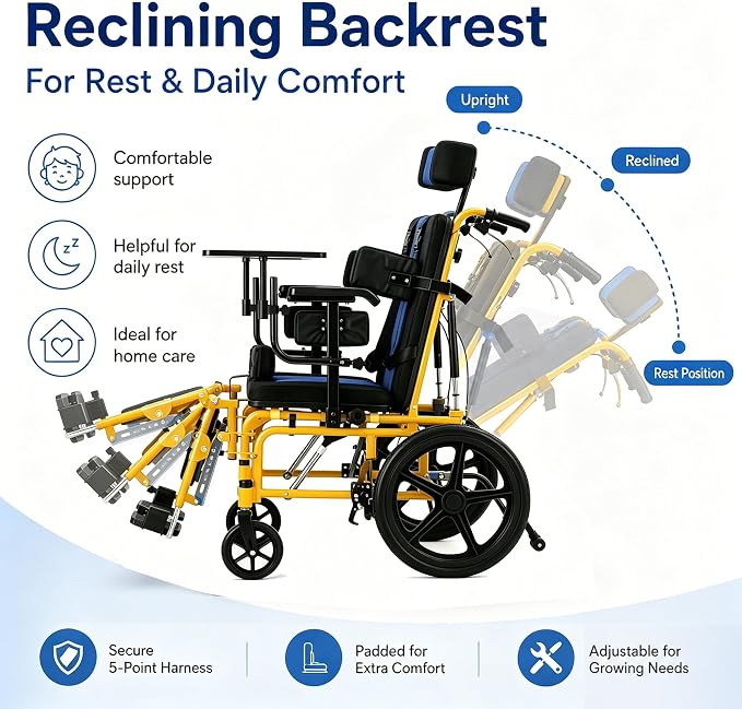 Pediatric Full Reclining Wheelchair - Heavy Duty 220 lbs Capacity Folding Kids Wheelchair with Elevating Footrest, Headrest & Meal Tray, Portable Mobility Aid for Children with Special Needs (Yellow)