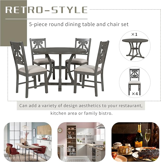Harper & Bright Designs 5-Piece Round Dining Table and Chair Set with Special-Shaped Legs and an Exquisitely Designed Hollow Chair Back for Dining Room (Gray)