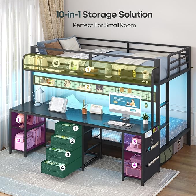 ADORNEVE Bunk Bed Twin Over Twin with 2 Person Desk, LED Lights Twin Bunk Bed with 4 Drawers,Storage Rack, 4 Shelves and Power Outles,Metal Twin Bunk Beds with Guardrail for Kids/Teens Bedroom, Black