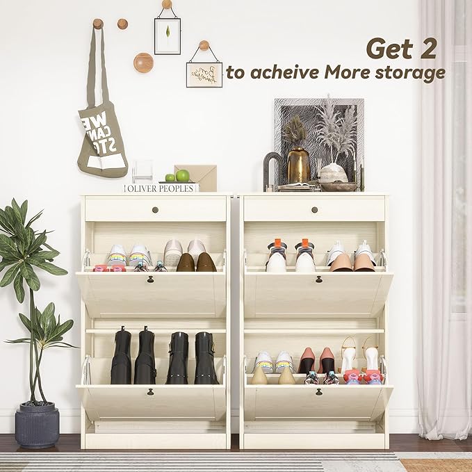 FTZxHKLX Shoe Cabinet with 2 Flip Drawers, Slim Freestanding Hidden Shoe Organizer with Drawer, Pet-Proof Shoe Storage Cabinet for Entryway Living Room Behind The Door, Light Oak