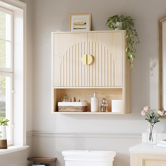 Lulive Bathroom Wall Cabinet with Adjustable Wood Shelf, Fluted Medicine Cabinet with 2 Doors, Over The Toilet Storage Cabinet for Laundry Room, Kitchen, Living Room, Natural