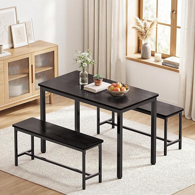 Dining Table Set for 4, Kitchen Table with 2 Benchs, Space Saving Dining Room Table Set for 4 Person, 3 Piece Office Table Set for Small Space, Breakfast Nook, Office, Apartment, Black