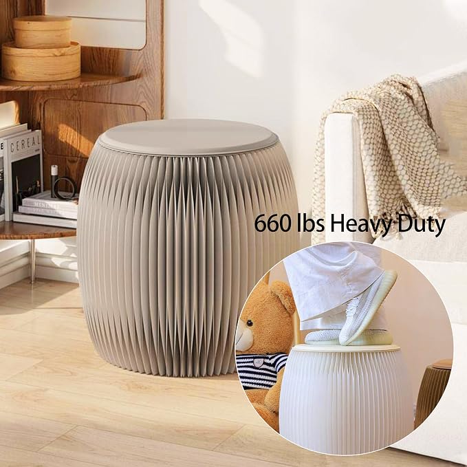 Drum-Shaped Collapsible Accordion Folding Stool, 660lbs Weight Capacity Kraft Paper Ottoman Seat with Cushion, Portable Space-Saving Foot Rest Stool for Home, Dorm & Office (15 Inch, White)