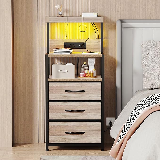 SZLHANJZ Night Stand with Charger Station, 3 Drawers Nightstand with Storage and LED Lights, Shelves, and Hooks, Bed Side End Table for Bedroom Dorm, Greige