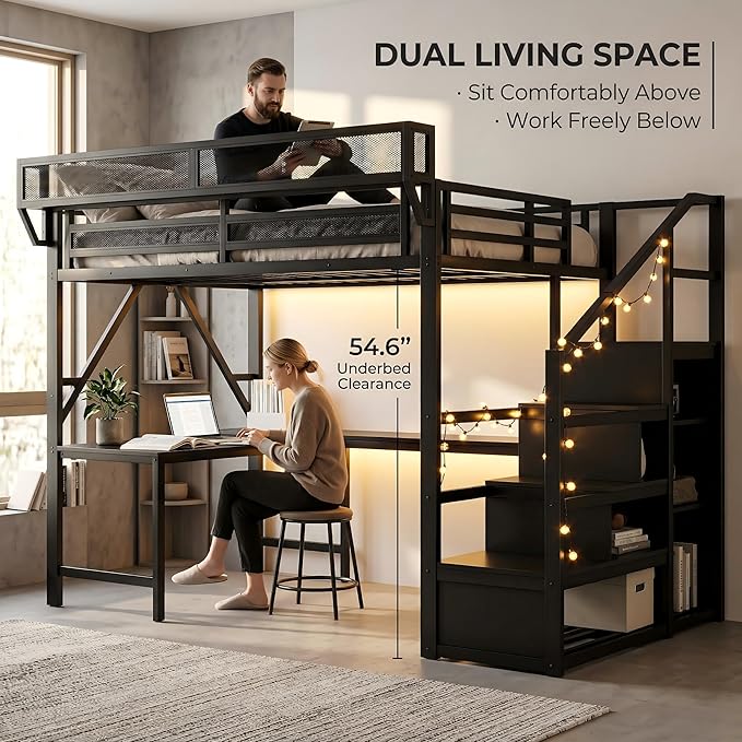 Mirightone Queen Size Loft Bed with Desk and Light, Metal Loft Bed Frame with Stairs and Bedside Shelf, Tall Lofts Beds with Storage Shelves and Wardrobe for Adults Studio Apartment, Black