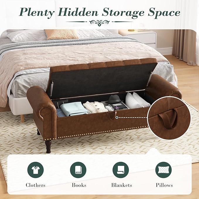 Apicizon 51” Bench with Storage, Upholstered Tufted Button Bedroom Bench with Storage, Faux Leather Ottoman Bench for Bedroom, Living Room, Entryway, Yellow Brown