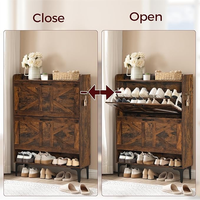MAHANCRIS Shoe Storage Cabinet, Shoe Organizer with 2 Flip Drawers, Hidden Shoe Storage for Entryway, Freestanding Organizer with Open Storages, Rustic Brown SHHR9401N1