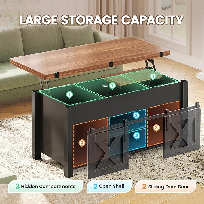 SEDETA Lift Top Coffee Table, 4 in 1 Multi-Function Convertible Coffee Tables with Storage and Hidden Compartment, Farmhouse Coffee Table Converts to Dining Table for Living Room, Black Brown