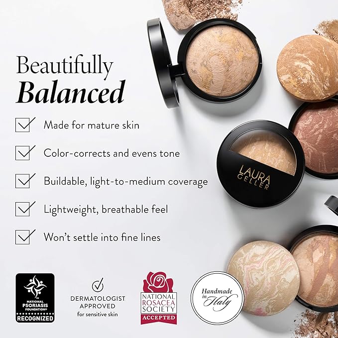 LAURA GELLER NEW YORK Award-Winning Baked Balance-n-Brighten Color Correcting Powder Foundation - Porcelain - Buildable Light to Medium Coverage - Demi-Matte Natural Finish