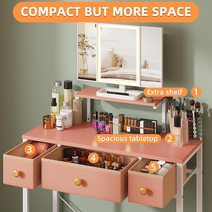 HIGDBFE Small Makeup Vanity Desk 27.5''W with Mirror and Lights, Vanity Desk with 3 Fabric Drawers and Height-Adjustable Stand, Vanity Table for Girls Gifts, Bedroom and Small Spaces, Pink