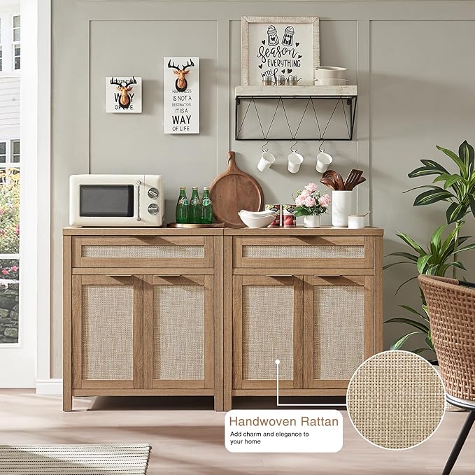 HOKYHOKY Rattan Sideboard Buffet Cabinet Set of 3, Boho Storage Cabinet with Adjustable Shelves, Farmhouse Credenza Coffee Bar Table with Doors & Drawer for Living Room, Hallway & Kitchen