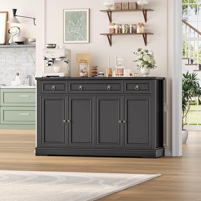 FINETONES Buffet Cabinet with Storage, 52.7" Large Sideboard Buffet Table, Black Kitchen Cabinet with 3 Drawers and 4 Doors, Wood Coffee Bar for Kitchen Dining Room, Black
