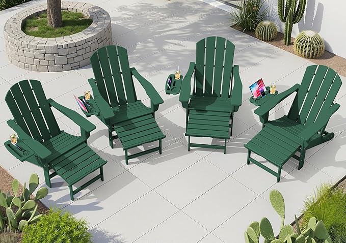 KINGYES Adjustable Folding Adirondack Chair with Footrest & 4-in-1 Multi-Functional Armrest Organizer Set of 4, HDPE Foldable Recliner Adirondack Chair with Pull-Out Ottoman, Green