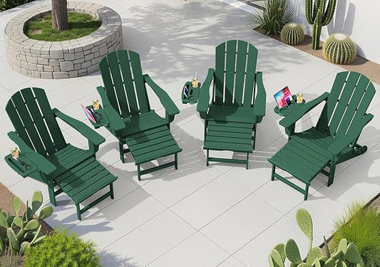 KINGYES Adjustable Folding Adirondack Chair with Footrest & 4-in-1 Multi-Functional Armrest Organizer Set of 4, HDPE Foldable Recliner Adirondack Chair with Pull-Out Ottoman, Green