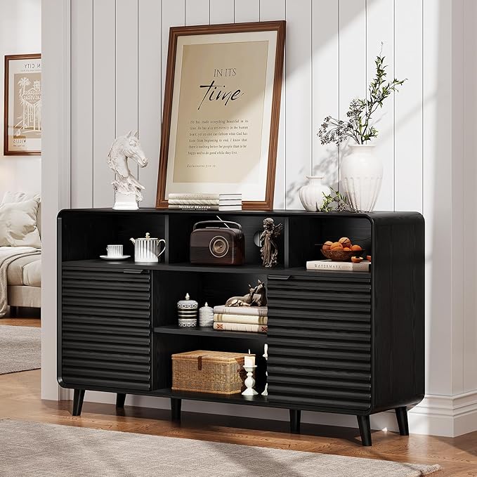 58 Inch Curved Sideboard Buffet Cabinet w/2 Wave Doors and Open Storage Spaces, Angled Side Frame, Sideboard Storage with Adjustable Shelves, Coffee Bar Cabinet for Kitchen, Living Room, Black