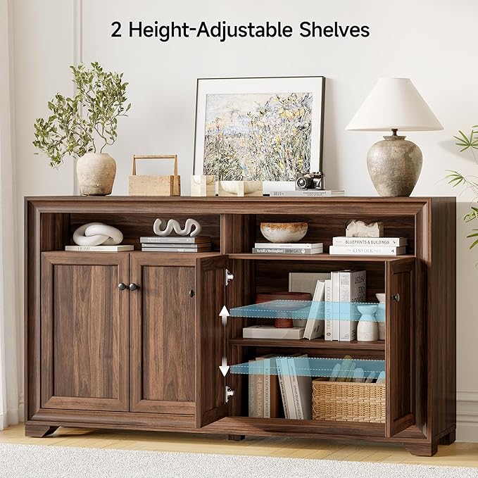 ONBRILL 60 Inches Sideboard Buffet Cabinet with Storage, 4 Doors Large Sideboard, Kitchen Cabinet with Open Shelf & Adjustable Shelf, Kitchen Coffee Bar Console Table for Living Room, Hallway, Brown
