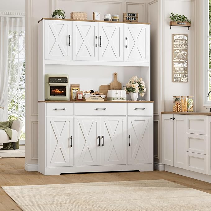 HOSTACK 71" Large Pantry Cabinet with Charging Station, 55" Wide Kitchen Pantry Storage with Drawers and Power Outlet, Tall Kitchen Hutch with Countertop for Kitchen, White
