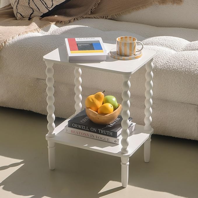 Fultyle White End Table, Small Side Table with Storage Shelf, 2-Tier Modern Night Stand for Bedroom, Living Room, Small Spaces (White)