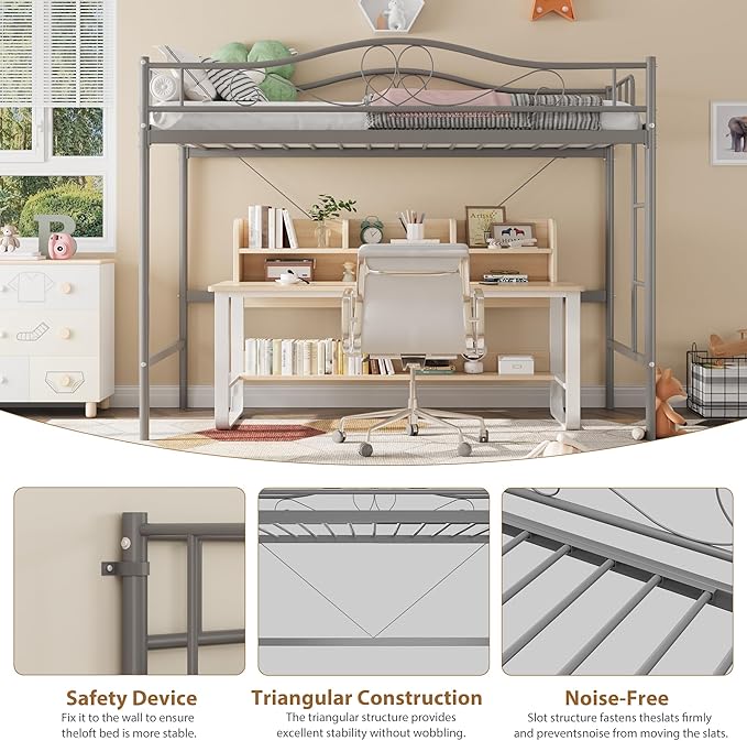 IDEALHOUSE Loft Bed Twin Size with Ladder & Full Safety Guardrail, Heavy Duty Metal Twin Loft Bed 400 Lbs Load Capacity, Space-Saving, Noise Free, No Box Spring Needed, Easy Assembly, Grey