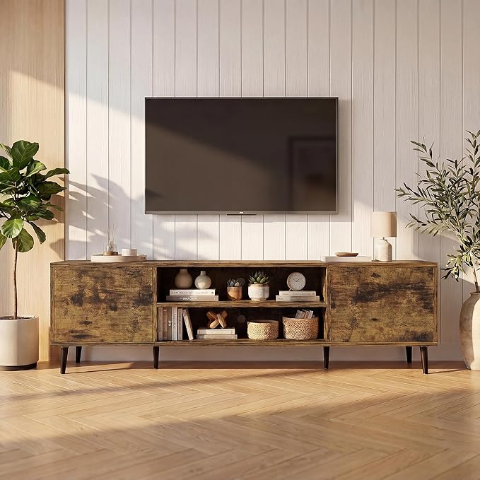 JUMMICO Mid-Century Modern TV Stand for 65-70 Inch TVs, 63 Inch Media Console with Storage, Entertainment Center with Push-Open Cabinets and Cable Management for Living Room (Rustic Brown, 63 Inches)