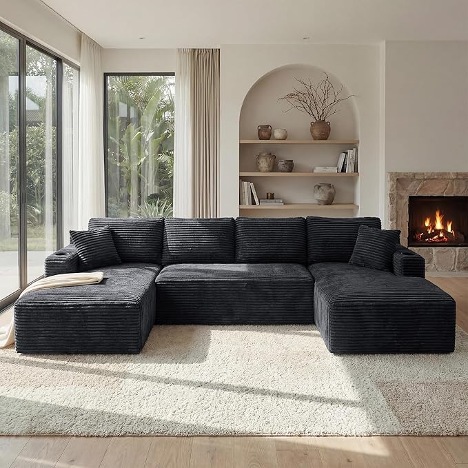 125 Inch Modular Sectional Sofa, Cloud Couch Oversized U Shaped Corduroy Sofa with Storage & Cupholders, Modern Deep Seat Boneless Couches for Living Room, No Assembly Required, Dark Grey