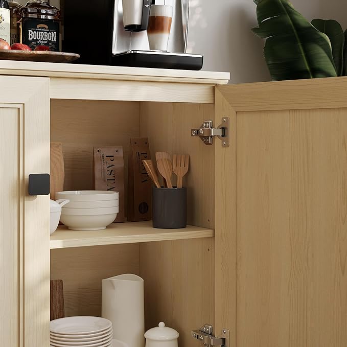 FENSULN Multifunctional Buffet Sideboard Cabinet Farmhouse Modern Storage Cabinet with Adjustable Shelves for Kitchen, Coffee Bar, Living Room, Beige